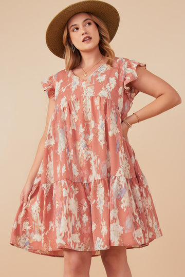 HY8048 Ivory Womens Watercolor V Neck Tiered Ruffled Dress Side